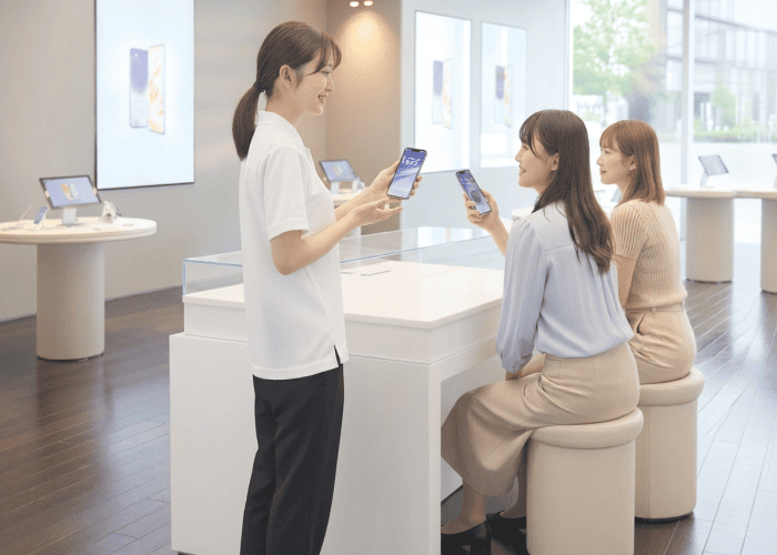 携帯電話の機能を説明している様子